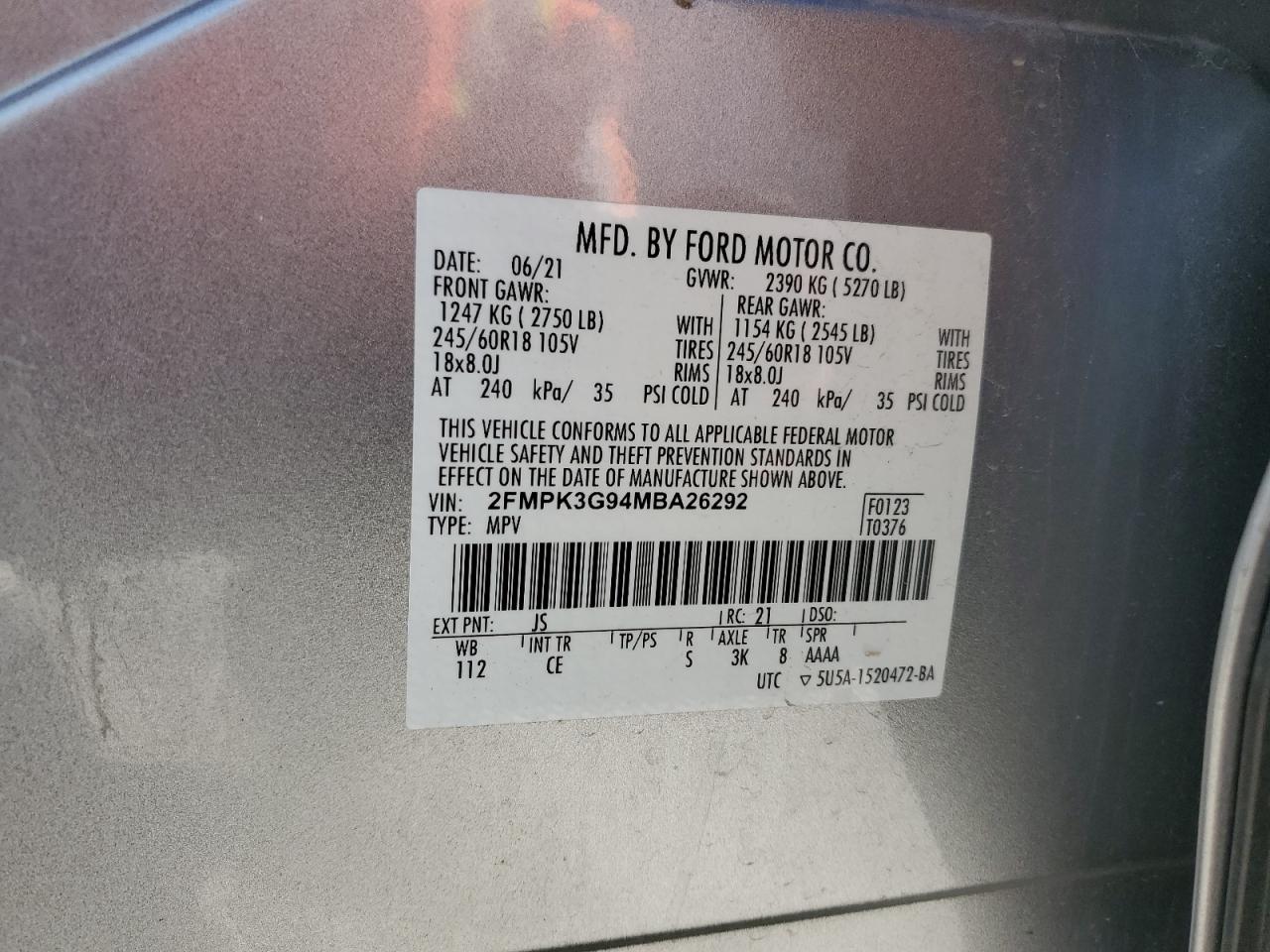 2021 Ford Edge Se VIN: 2FMPK3G94MBA26292 Lot: 90471955