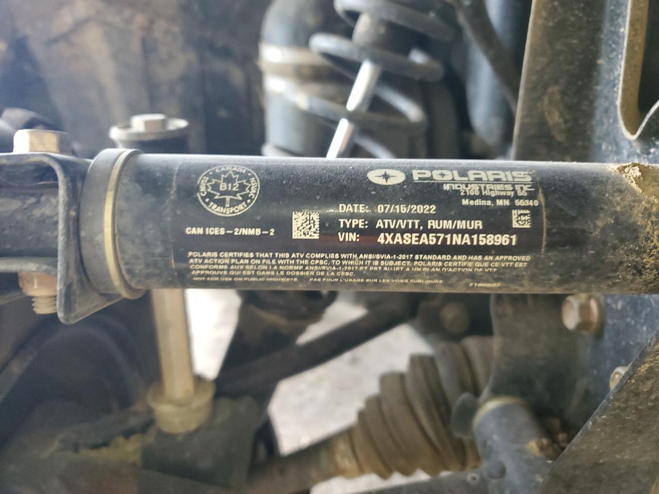 2022 Polaris Sportsman 570 VIN: 4XASEA571NA158961 Lot: 92385545