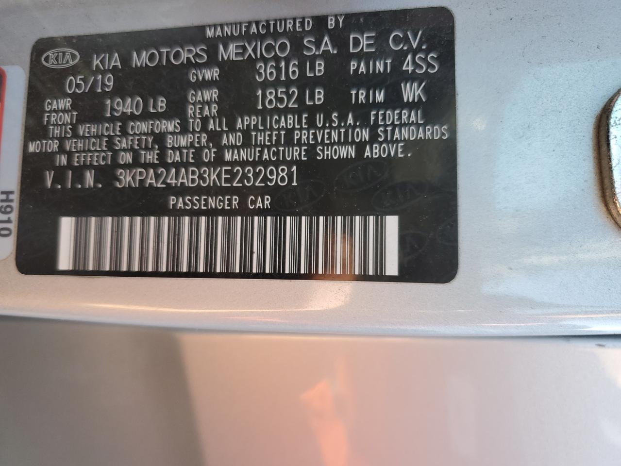 2019 Kia Rio S VIN: 3KPA24AB3KE232981 Lot: 91524655