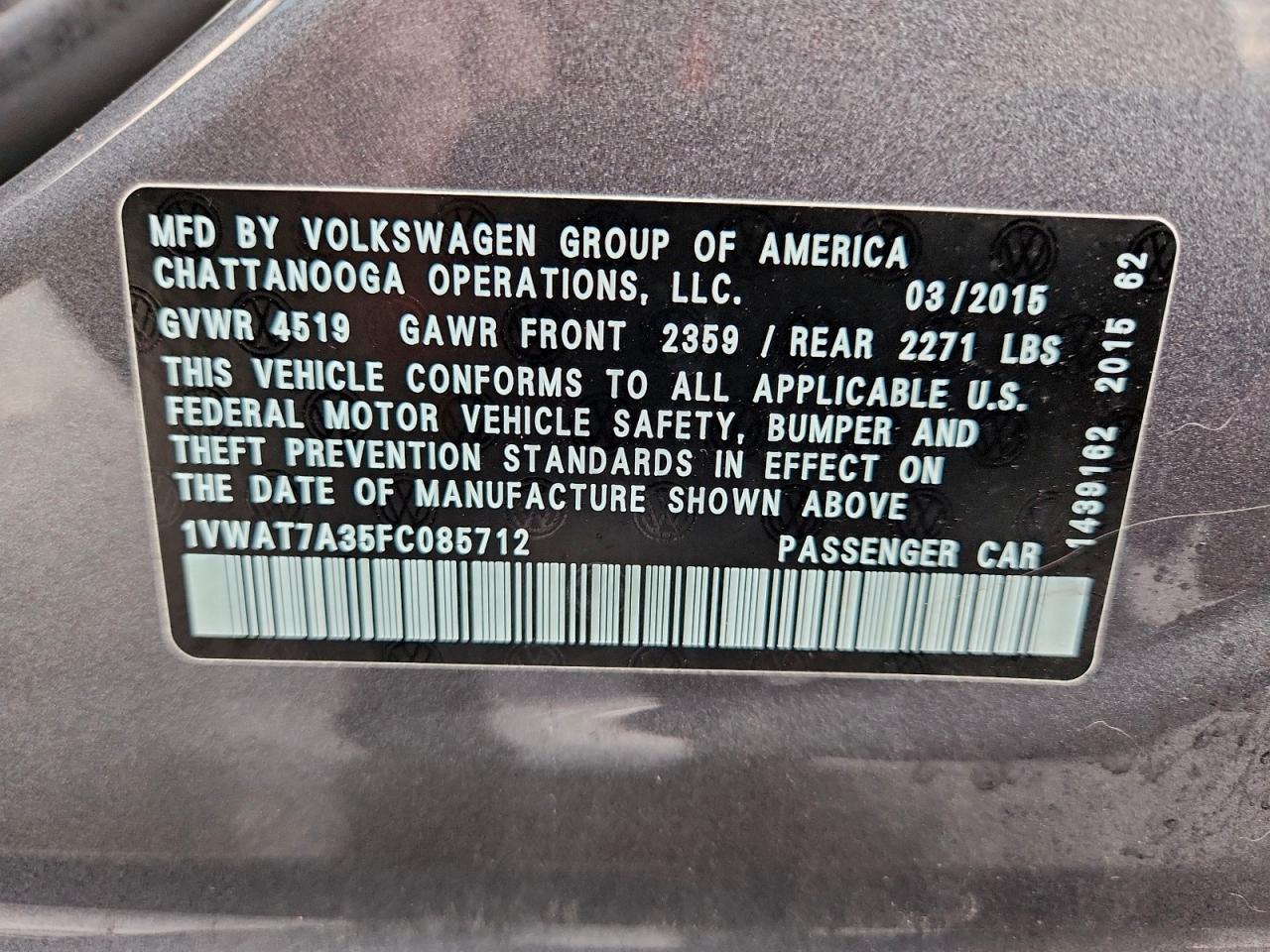 2015 Volkswagen Passat S VIN: 1VWAT7A35FC085812 Lot: 94249195