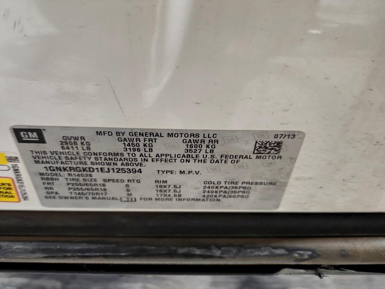 2014 Chevrolet Traverse Lt VIN: 1GNKRGKD1EJ125394 Lot: 93844985