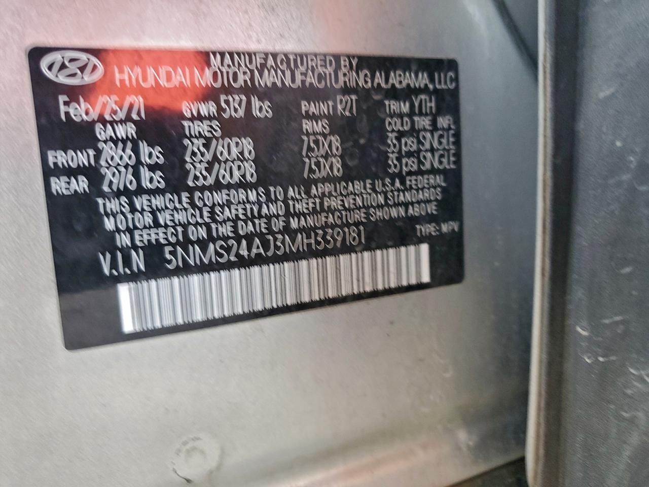 2021 Hyundai Santa Fe Sel VIN: 5NMS24AJ3MH339181 Lot: 93687575