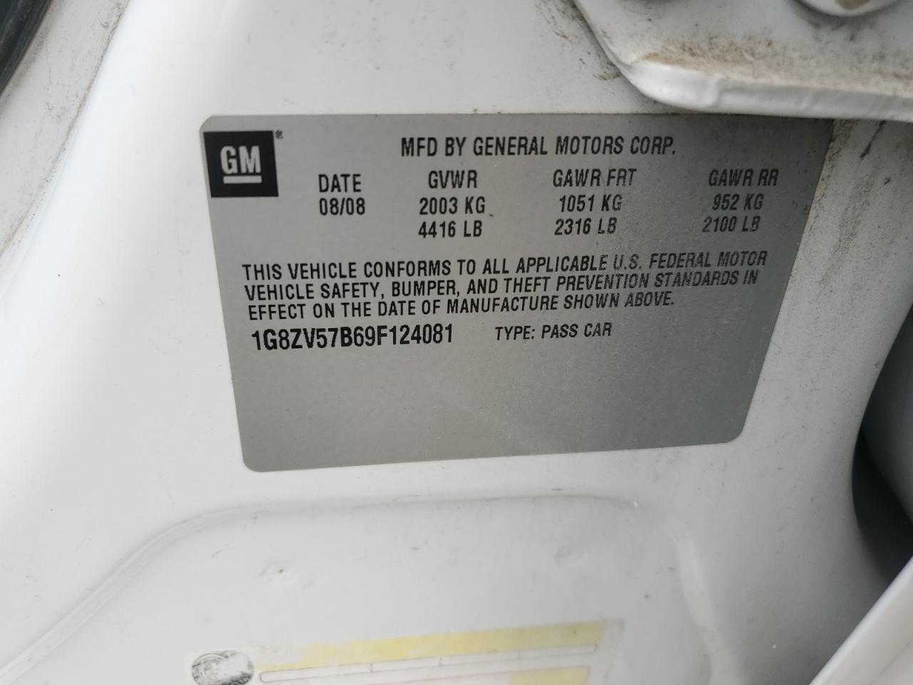 2009 Saturn Aura Xr VIN: 1G8ZV57B69F124081 Lot: 93748335