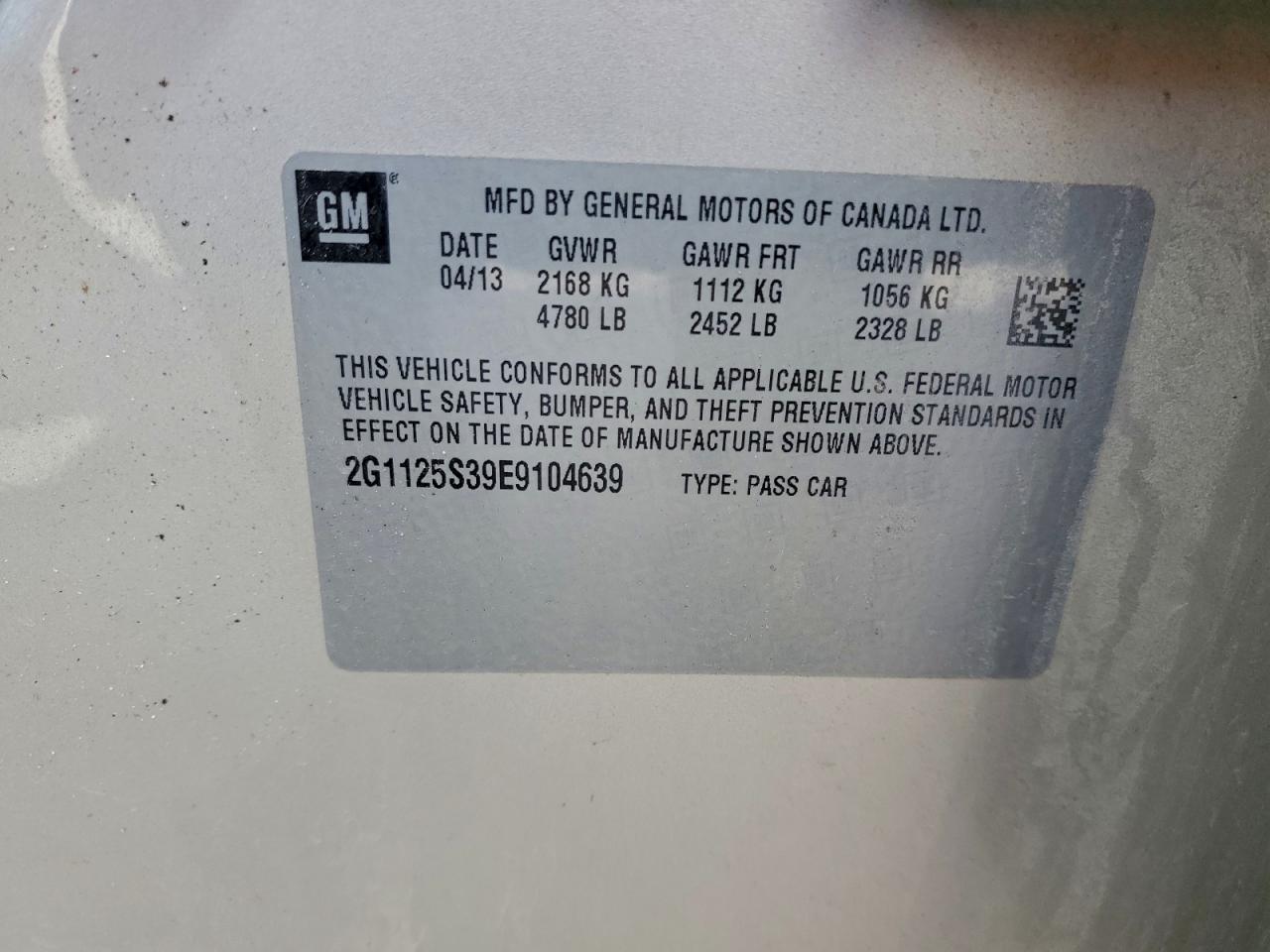 2014 Chevrolet Impala Lt VIN: 2G1125S39E9104639 Lot: 93417695