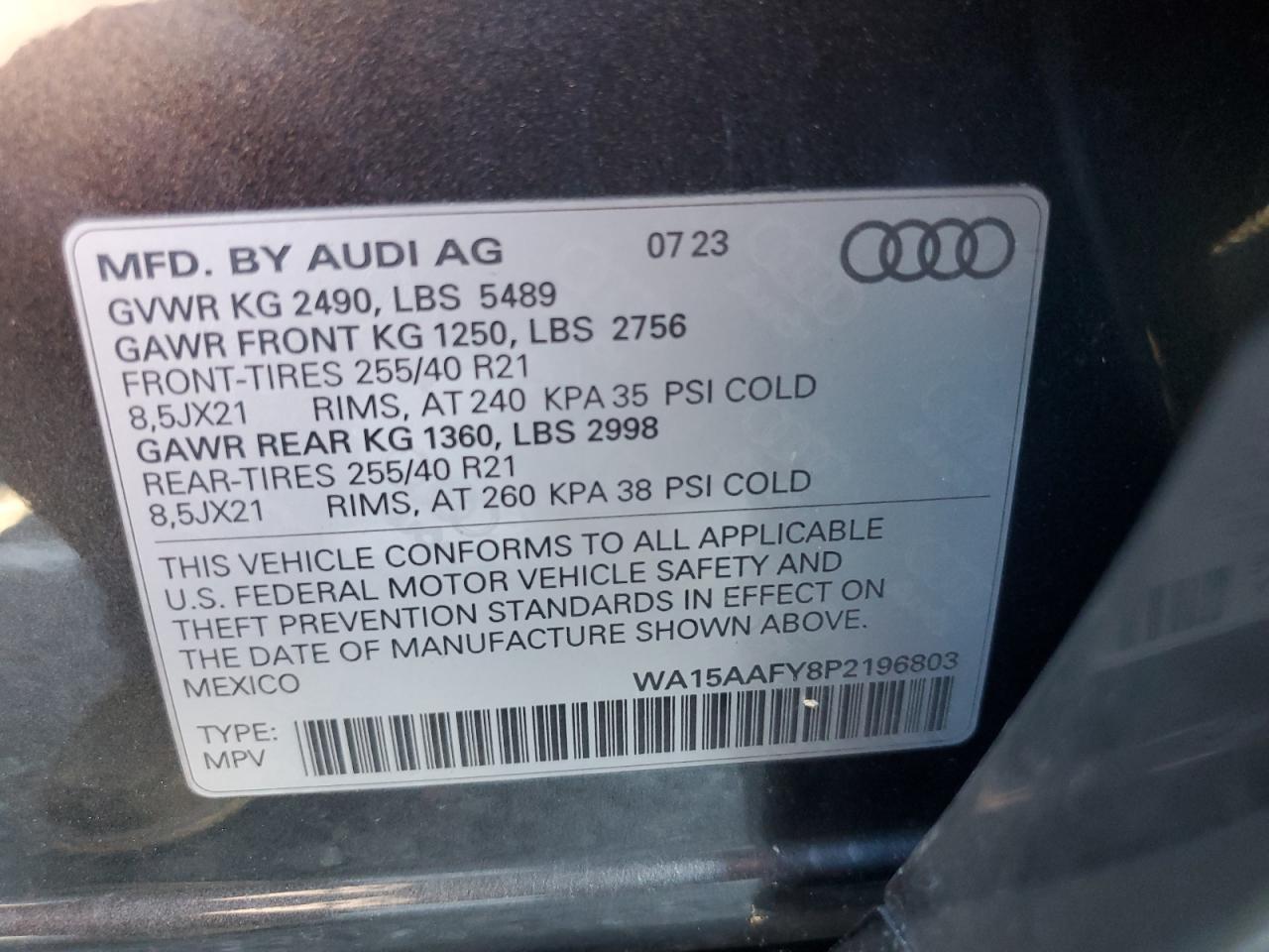 2023 Audi Q5 Sportback Prm Pls 45 VIN: WA15AAFY8P2196803 Lot: 91982945