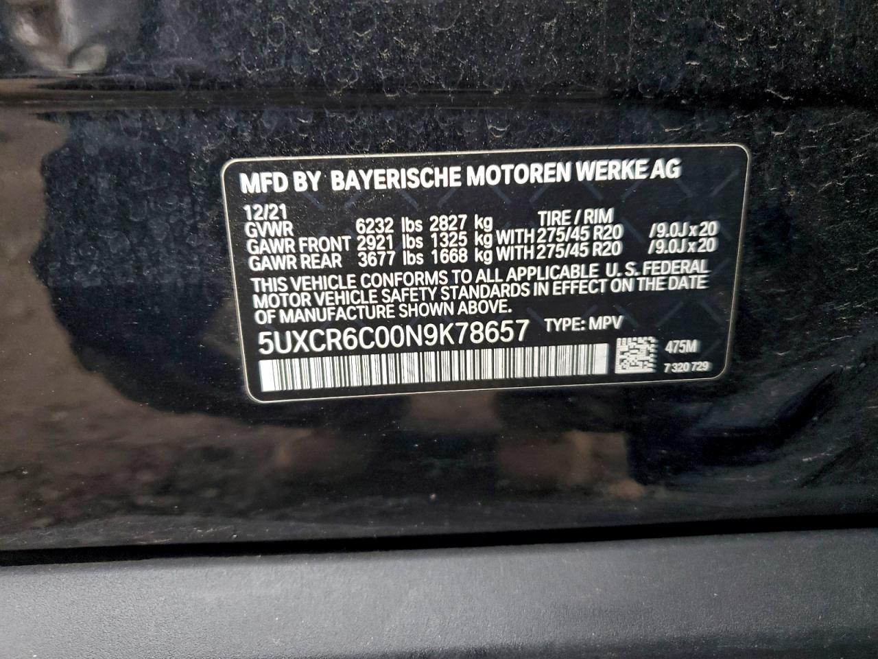 2022 BMW X5 xDrive40I VIN: 5UXCR6C00N9K78657 Lot: 93686545