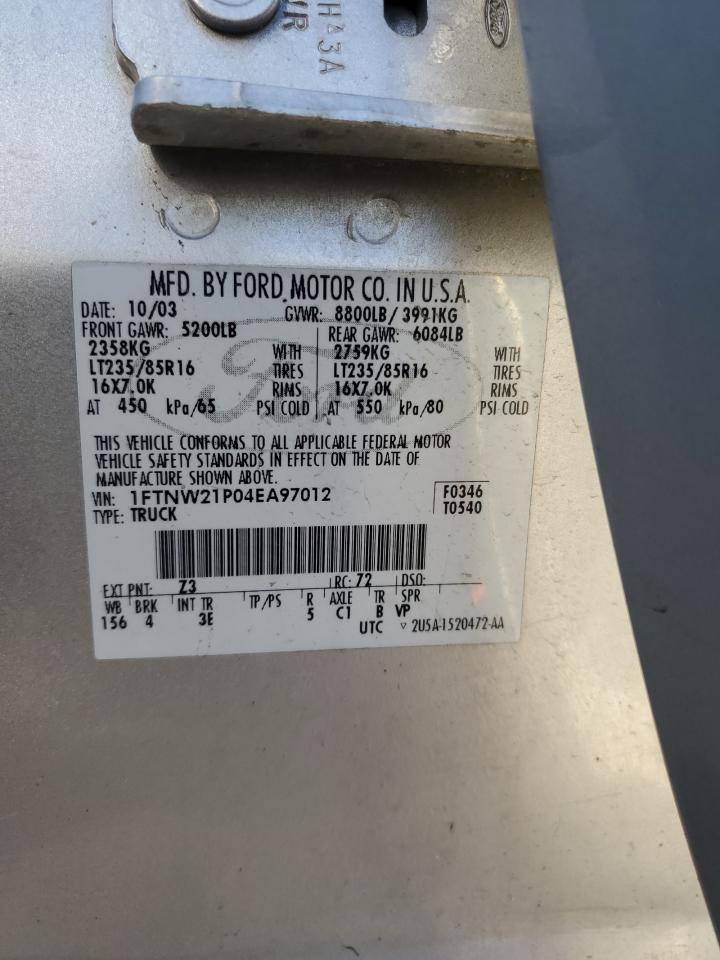 2004 Ford F250 Super Duty VIN: 1FTNW21P04EA97012 Lot: 93697075