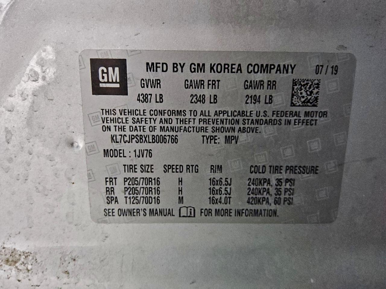 2020 Chevrolet Trax 1Lt VIN: KL7CJPSBXLB006766 Lot: 93961785