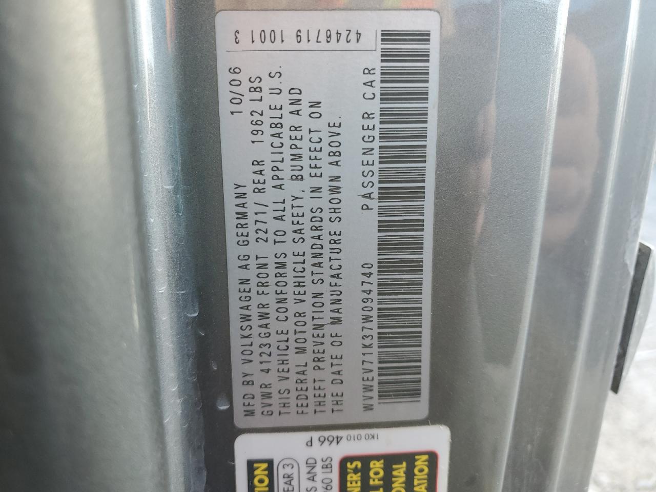 2007 Volkswagen New Gti VIN: WVWEV71K37W094740 Lot: 94927475