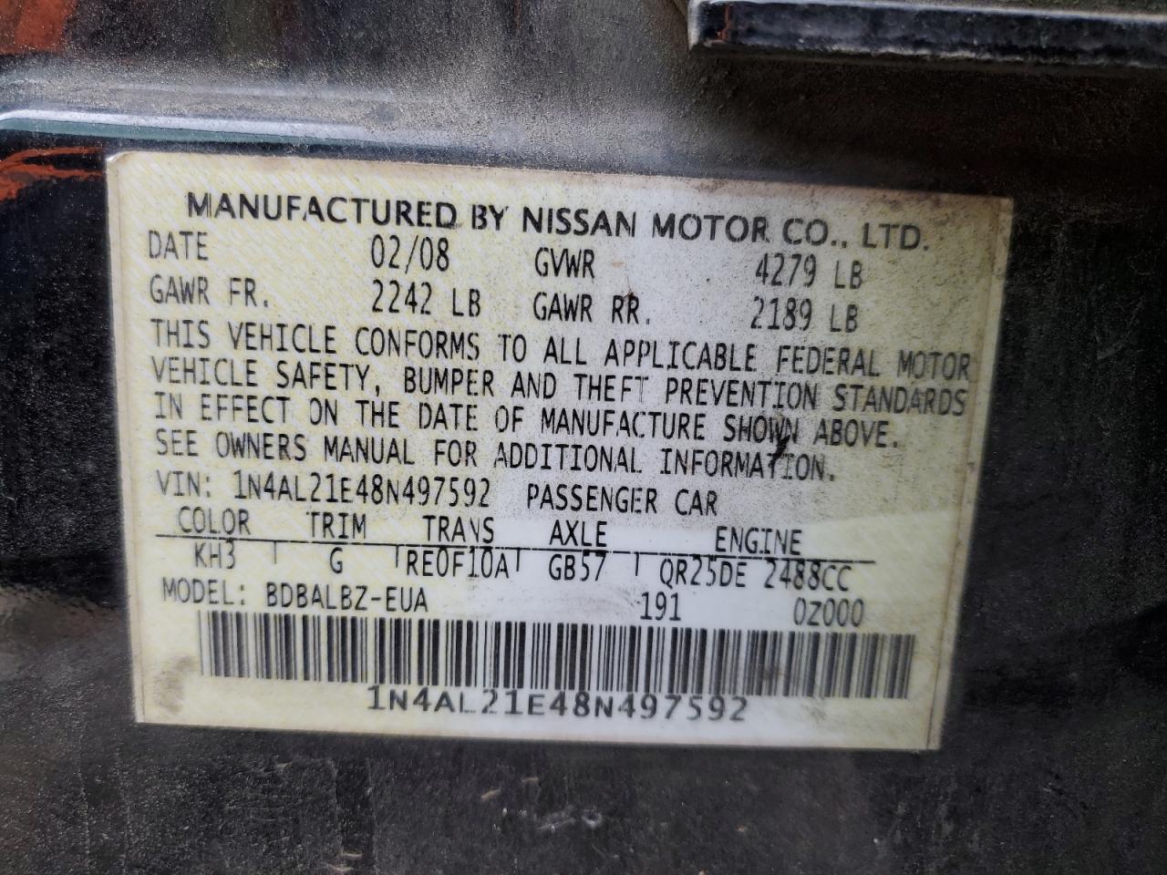 2008 Nissan Altima 2.5 VIN: 1N4AL21E48N497592 Lot: 91563865