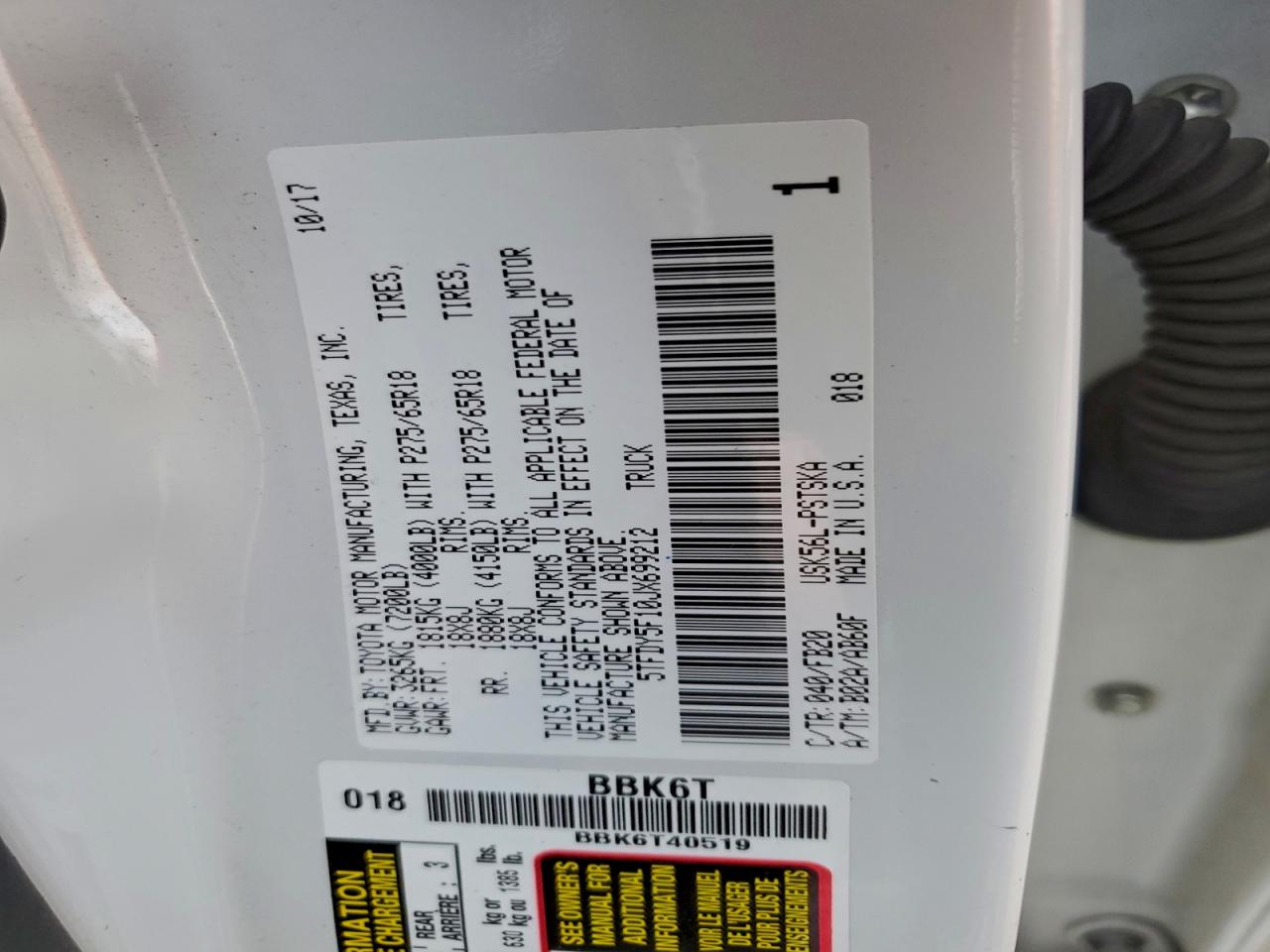 2018 Toyota Tundra Crewmax Sr5 VIN: 5TFDY5F10JX699212 Lot: 94488175