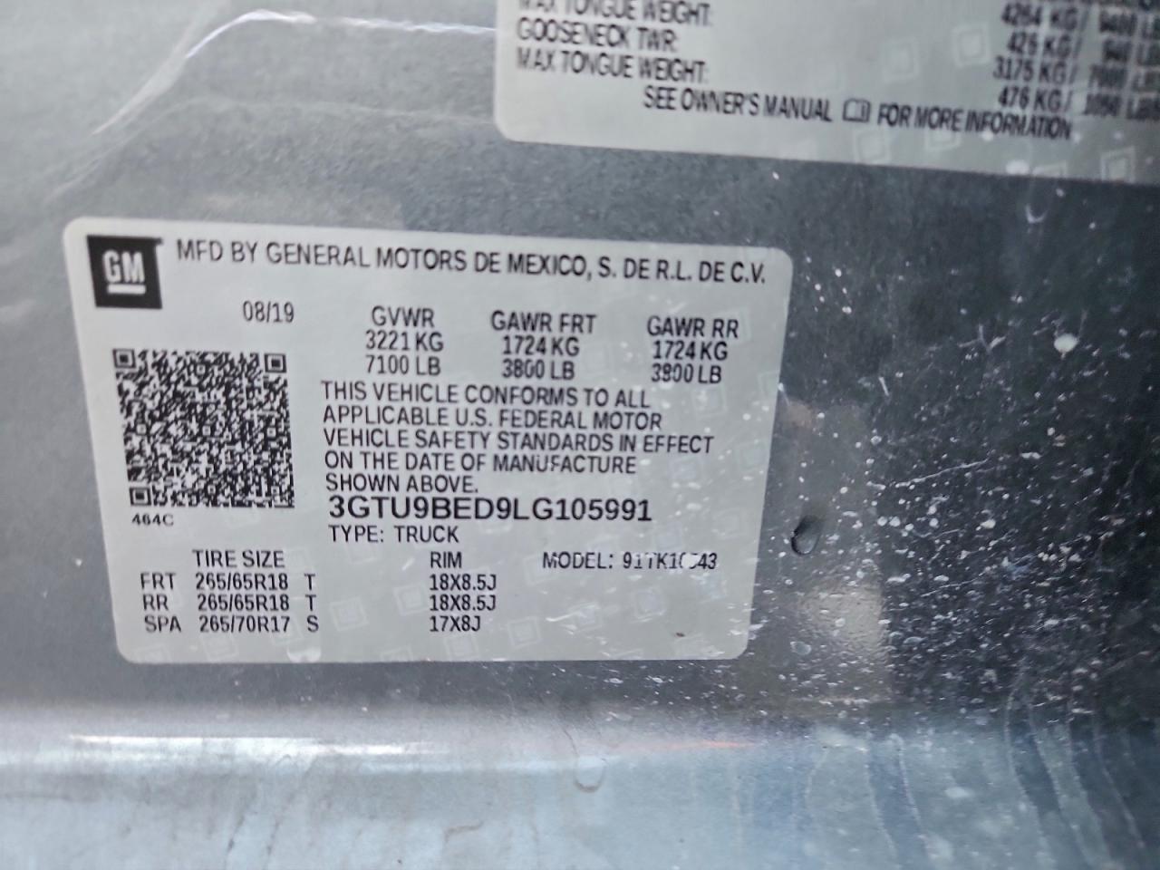 2020 GMC Sierra K1500 Sle VIN: 3GTU9BED9LG105991 Lot: 94374085
