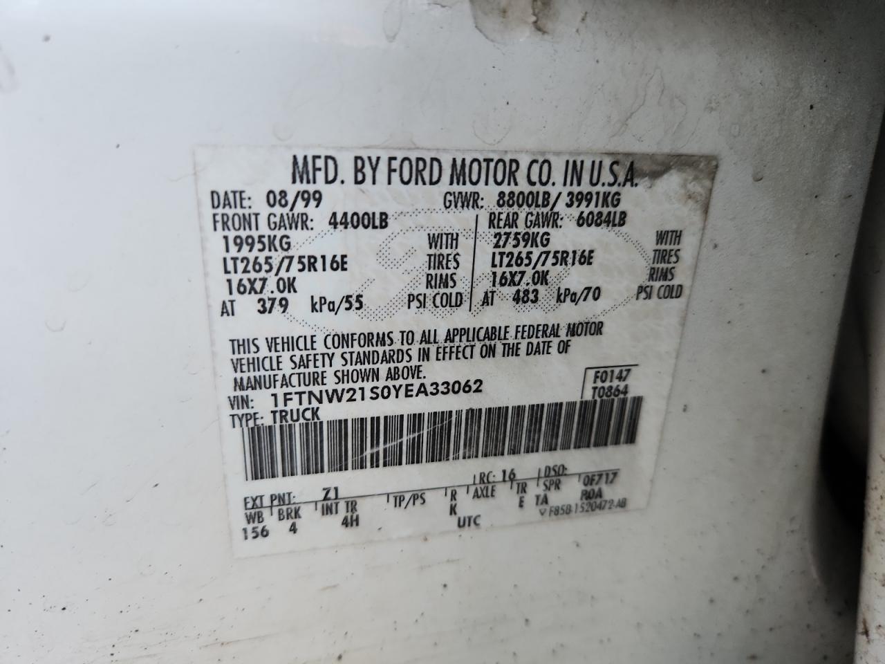 2000 Ford F250 Super Duty VIN: 1FTNW21S0YEA33062 Lot: 93315055