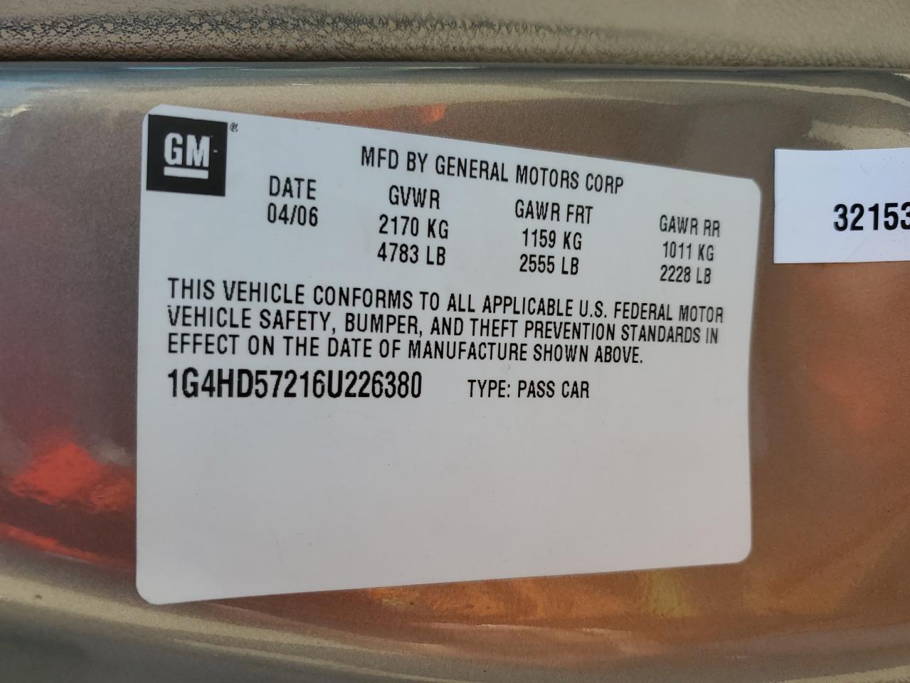 2006 Buick Lucerne Cxl VIN: 1G4HD57216U226380 Lot: 91309155