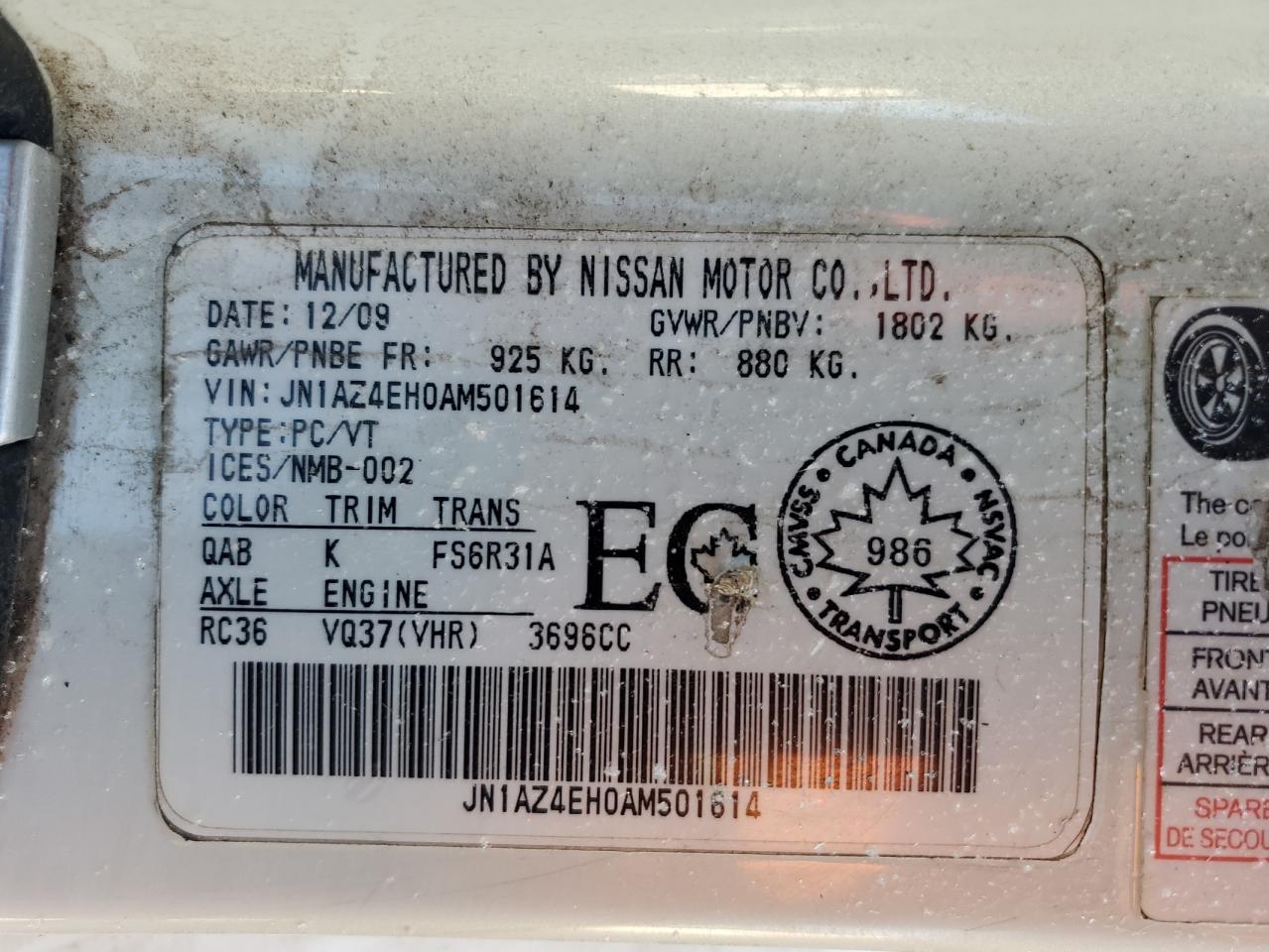 2010 Nissan 370Z VIN: JN1AZ4EH0AM501614 Lot: 93342755