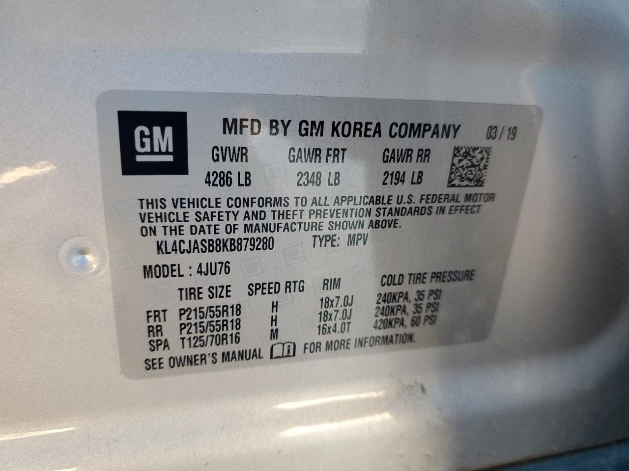 2019 Buick Encore Preferred VIN: KL4CJASB8KB879280 Lot: 92045235