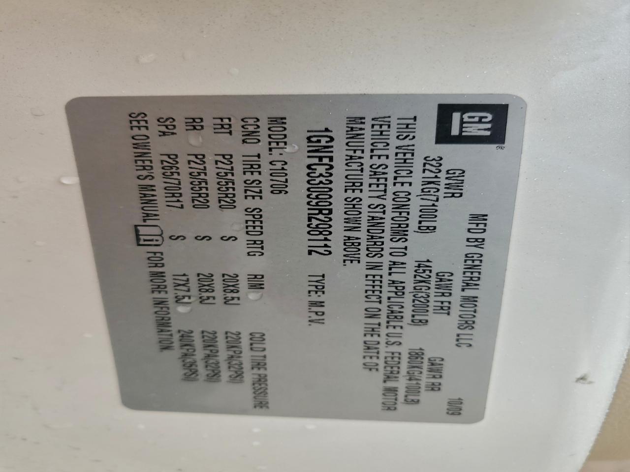 2009 Chevrolet Tahoe C1500 Ltz VIN: 1GNFC33099R298112 Lot: 94195125