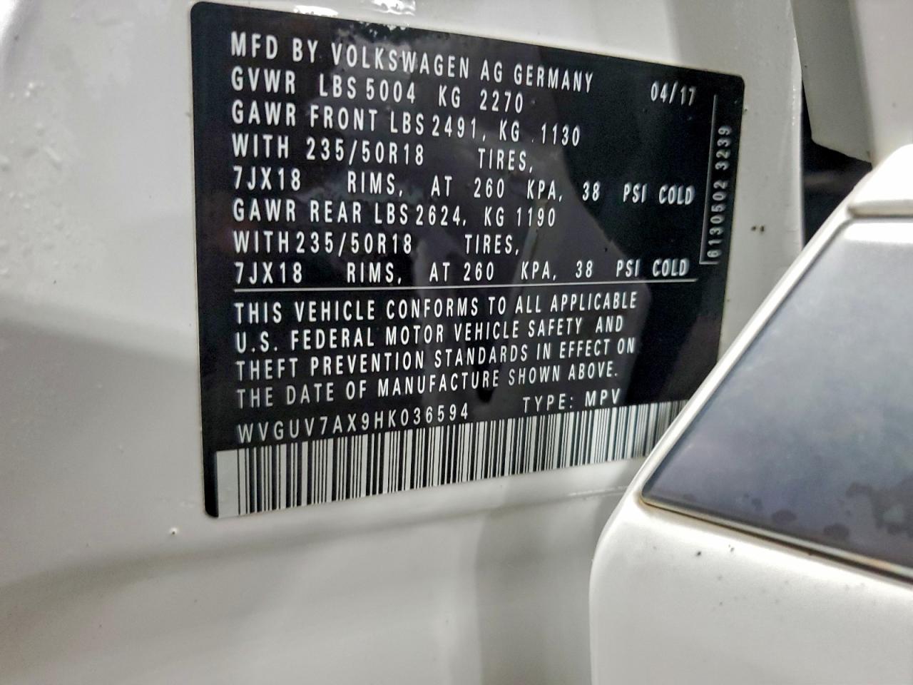 2017 Volkswagen Tiguan Sport VIN: WVGUV7AX9HK036594 Lot: 93957545