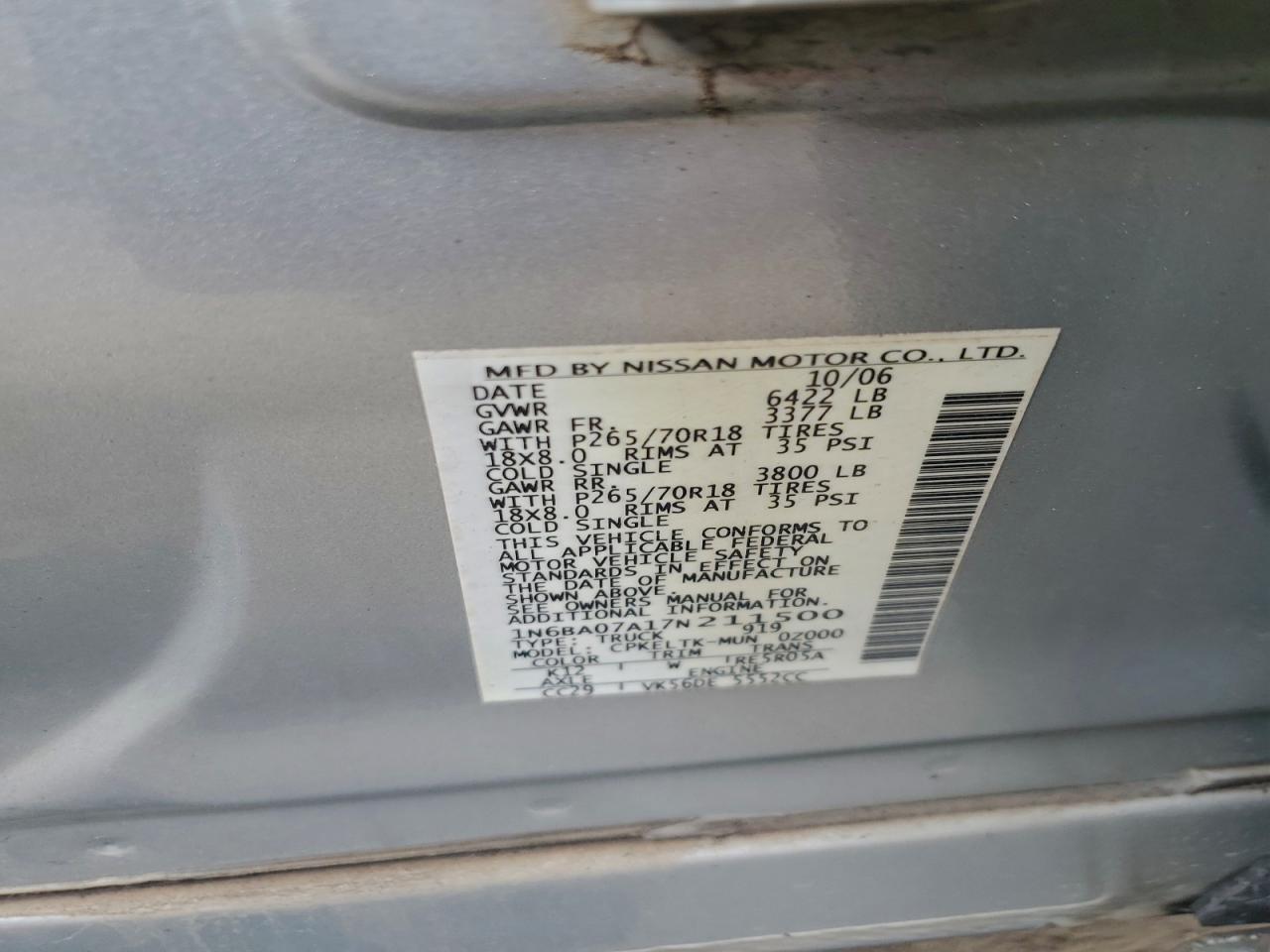 2007 Nissan Titan Xe VIN: 1N6BA07A17N211500 Lot: 92283835