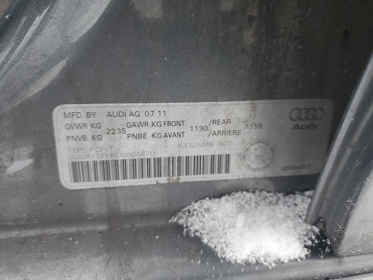 2012 Audi A4 Premium VIN: WAUFFCFL8CN004670 Lot: 92101635