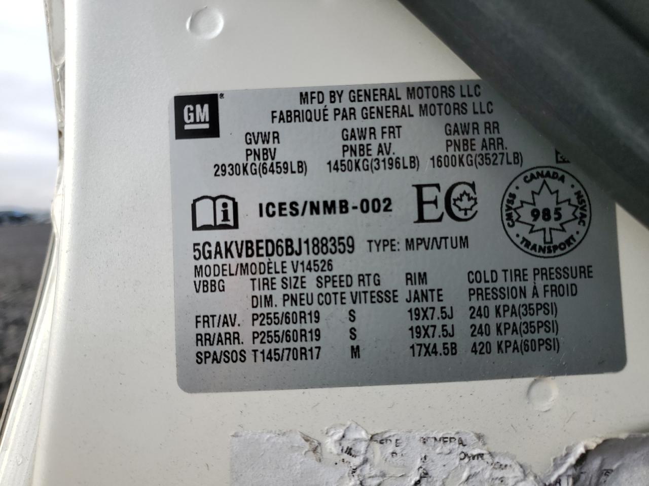 2011 Buick Enclave Cxl VIN: 5GAKVBED6BJ188359 Lot: 92505405