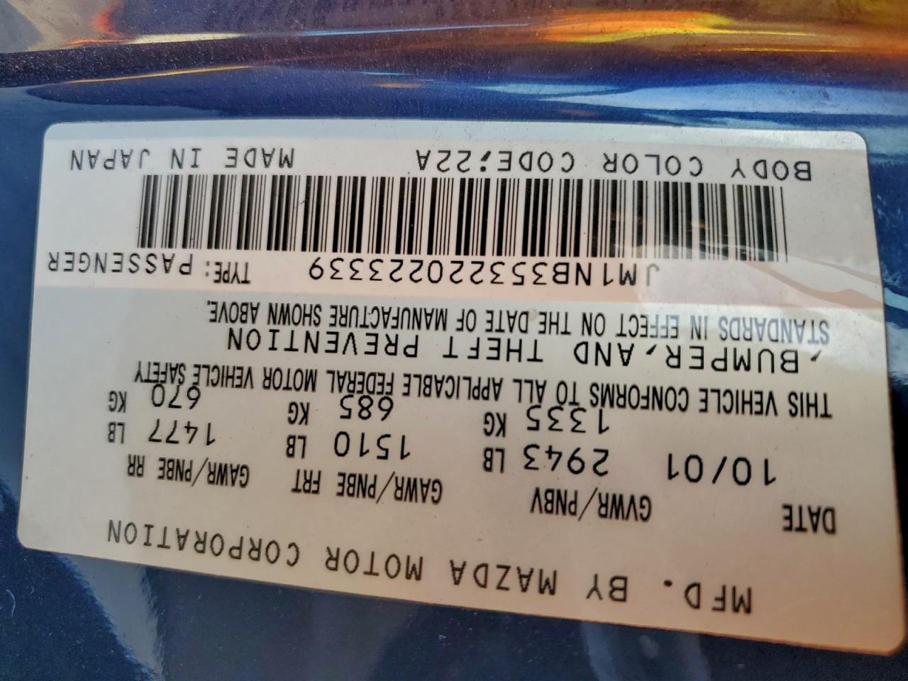 2002 Mazda Mx-5 Miata Base VIN: JM1NB353220223339 Lot: 94641565