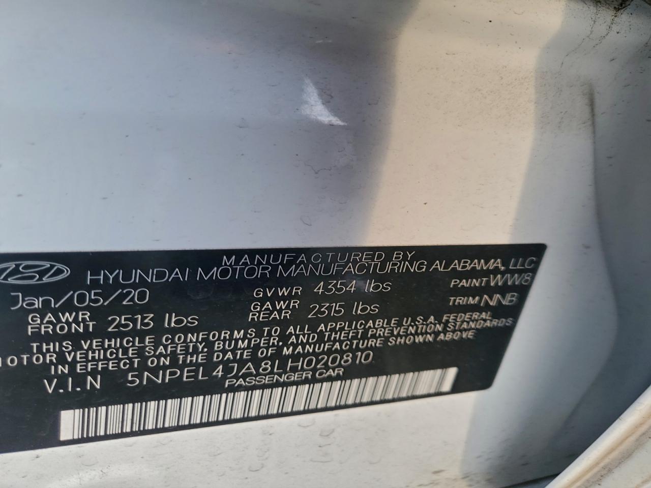 2020 Hyundai Sonata Sel VIN: 5NPEL4JA8LH020810 Lot: 94299805