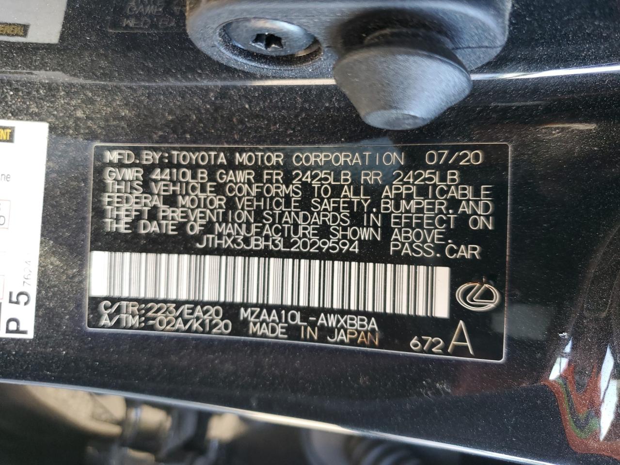 2020 Lexus Ux 200 VIN: JTHX3JBH3L2029594 Lot: 92056455