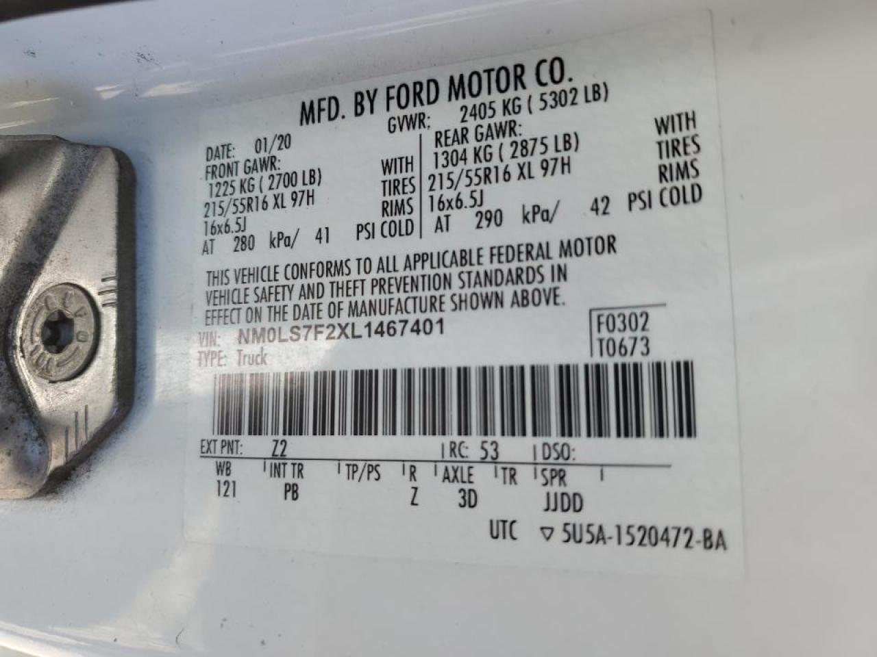 2020 Ford Transit Connect Delivery Van VIN: NM0LS7F2XL1467401 Lot: 91196595