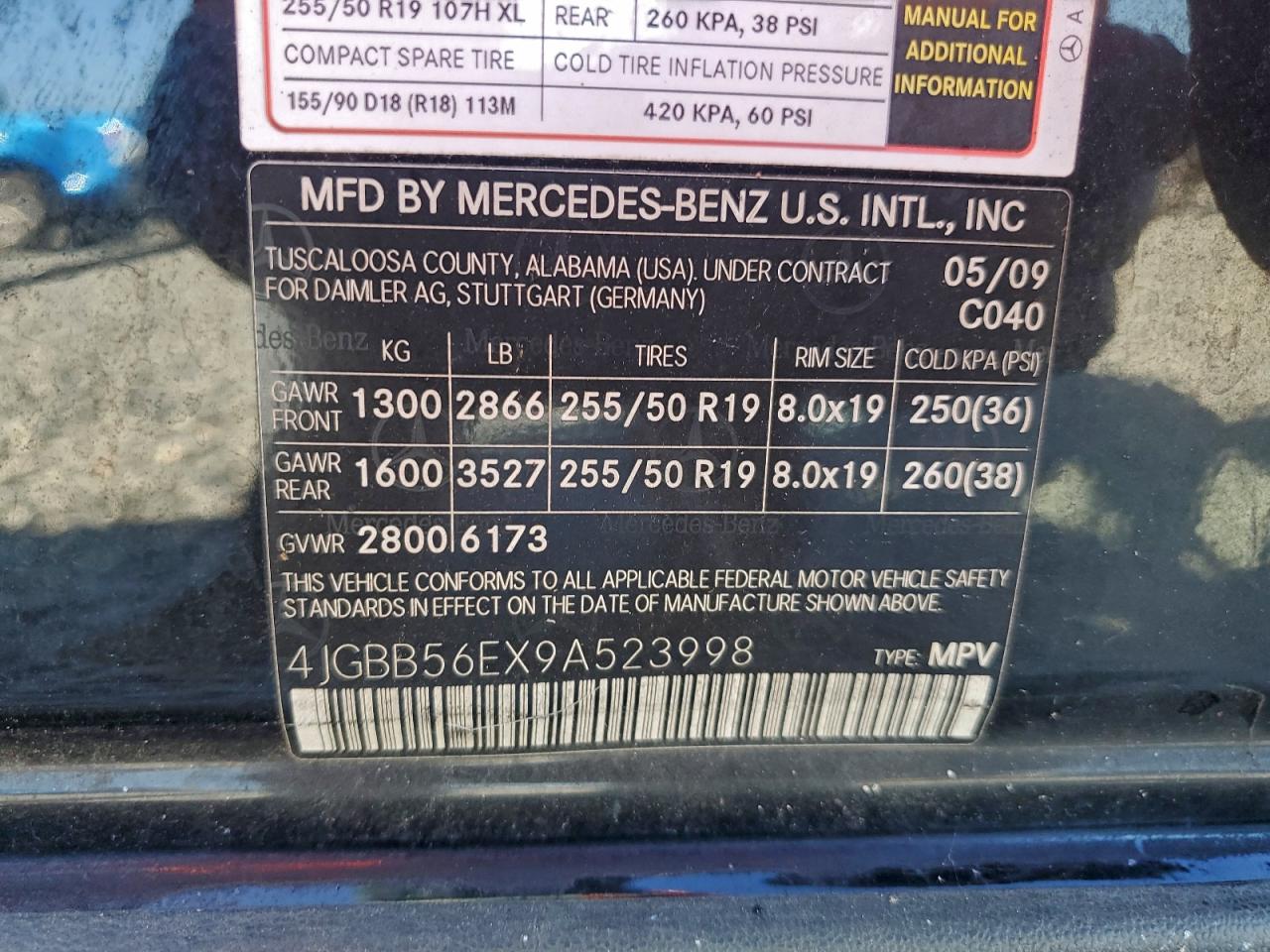 2009 Mercedes-Benz Ml 350 VIN: 4JGBB56EX9A523998 Lot: 94219715