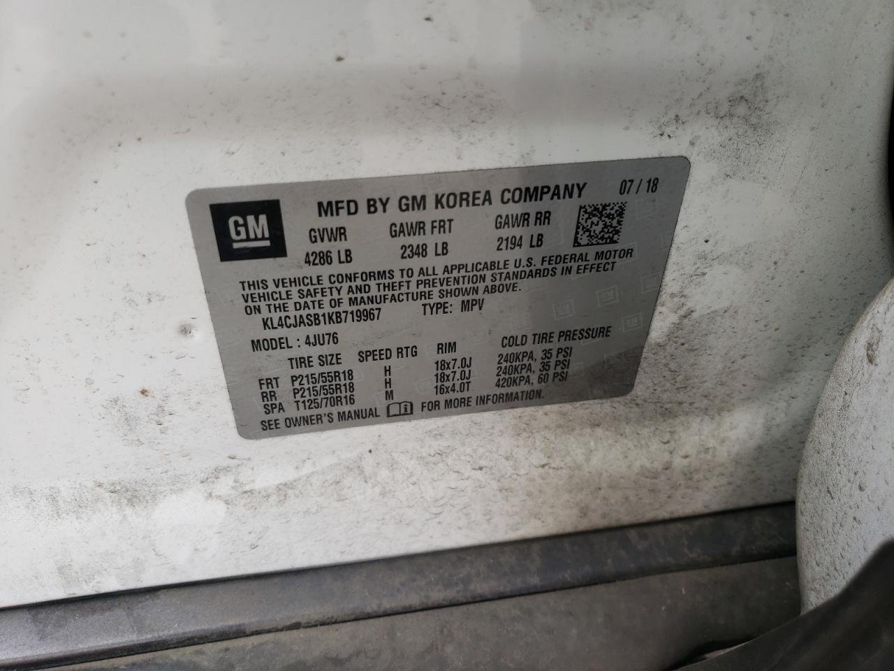 2019 Buick Encore Preferred VIN: KL4CJASB1KB719967 Lot: 92036605