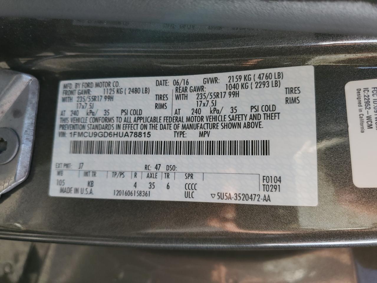 2017 Ford Escape Se VIN: 1FMCU9GD6HUA78815 Lot: 91837965