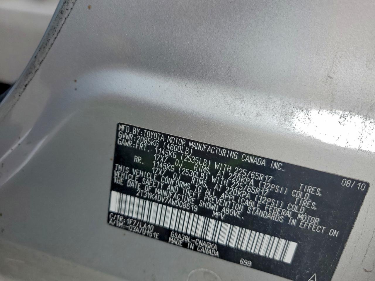 2010 Toyota Rav4 Limited VIN: 2T3YK4DV7AW008619 Lot: 93479895