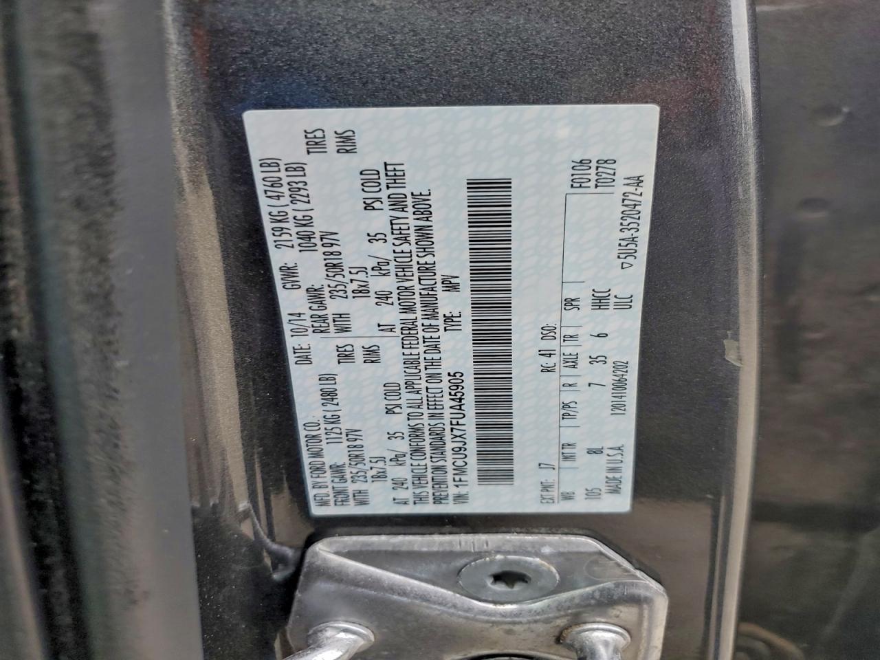 2015 Ford Escape Titanium VIN: 1FMCU9JX7FUA45905 Lot: 93831675