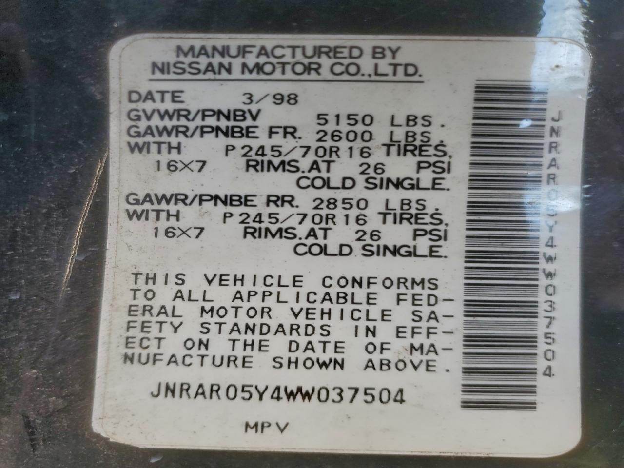 1998 Infiniti Qx4 VIN: JNRAR05Y4WW037504 Lot: 94889595