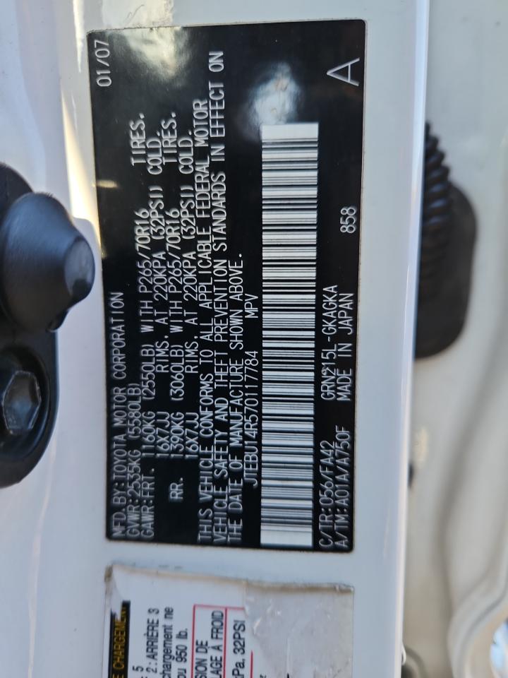 2007 Toyota 4Runner Sr5 VIN: JTEBU14R570117784 Lot: 91716925