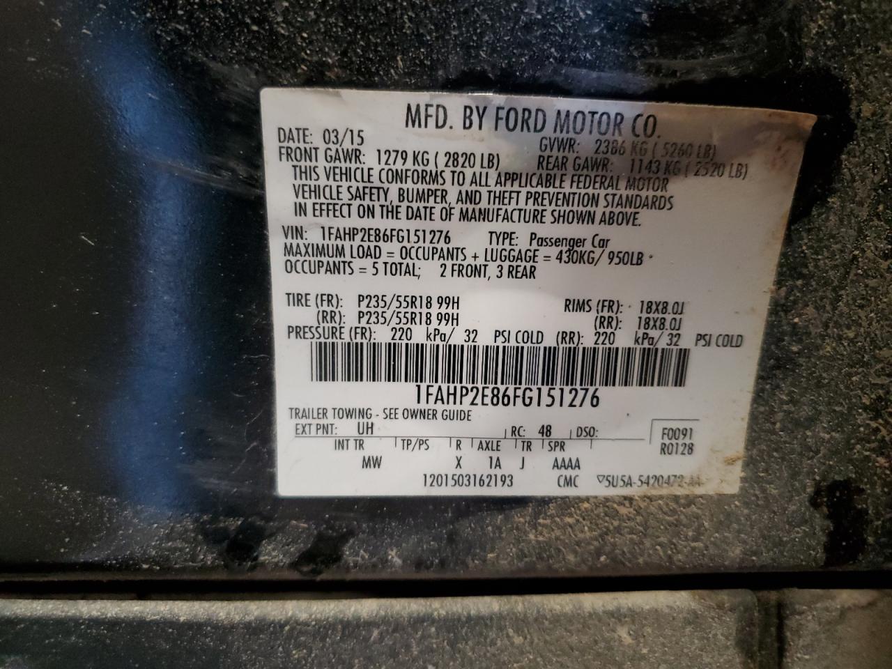 2015 Ford Taurus Sel VIN: 1FAHP2E86FG151276 Lot: 92606375