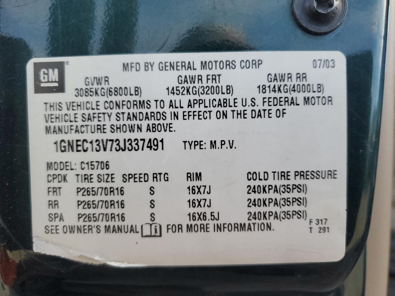 2003 Chevrolet Tahoe C1500 VIN: 1GNEC13V73J337491 Lot: 91490455