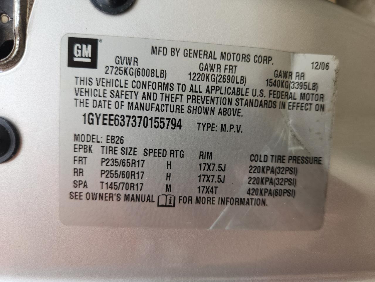 2007 Cadillac Srx VIN: 1GYEE637370155794 Lot: 93245765