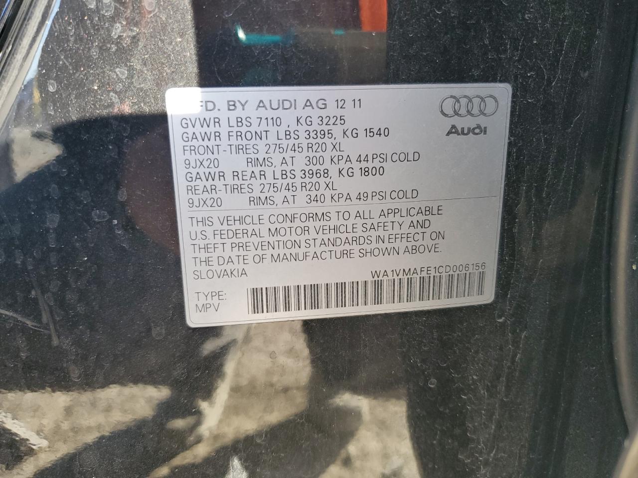 2012 Audi Q7 Prestige VIN: WA1VMAFE1CD006156 Lot: 92361465