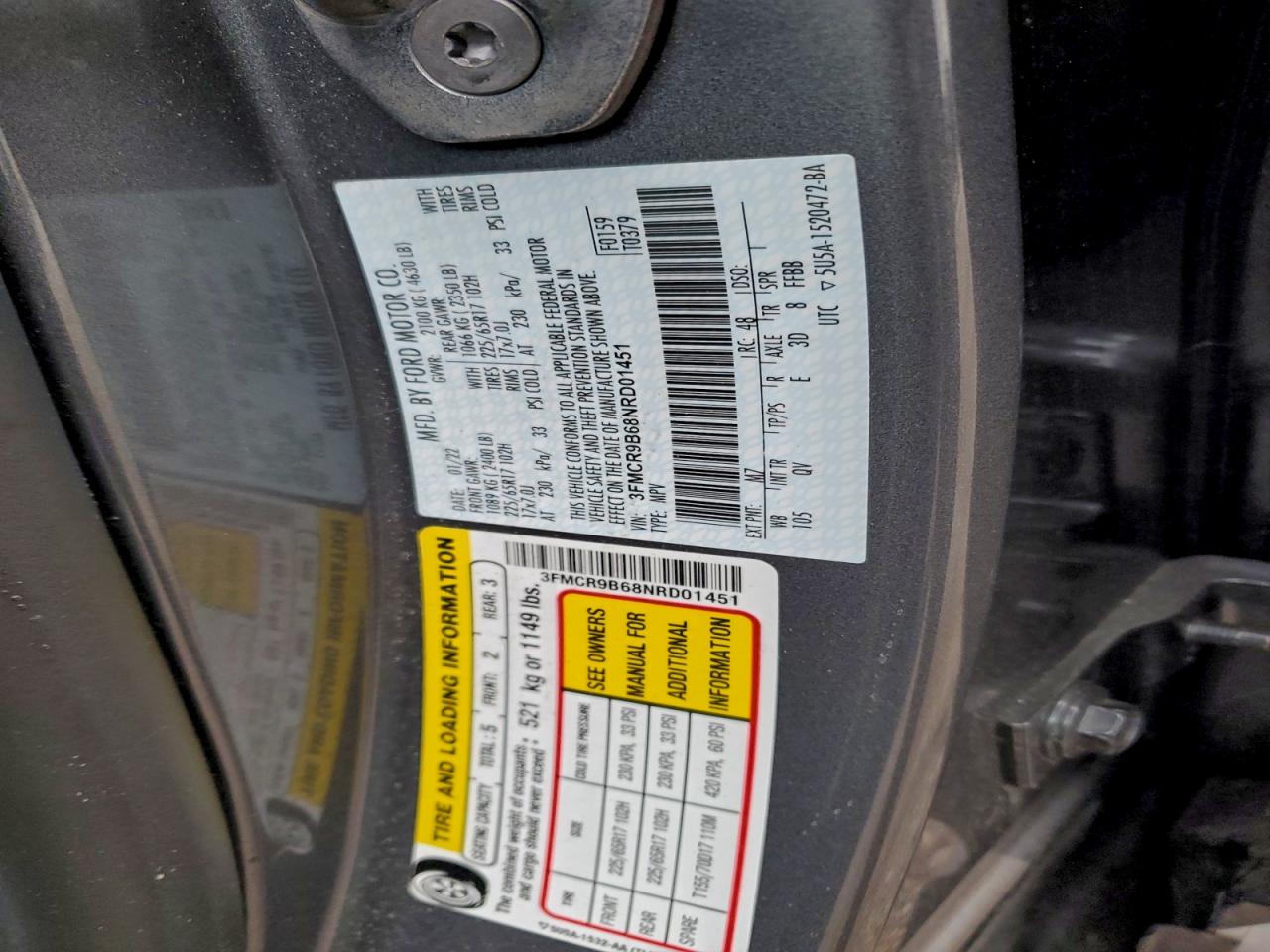 2022 Ford Bronco Sport Big Bend VIN: 3FMCR9B68NRD01451 Lot: 94099765