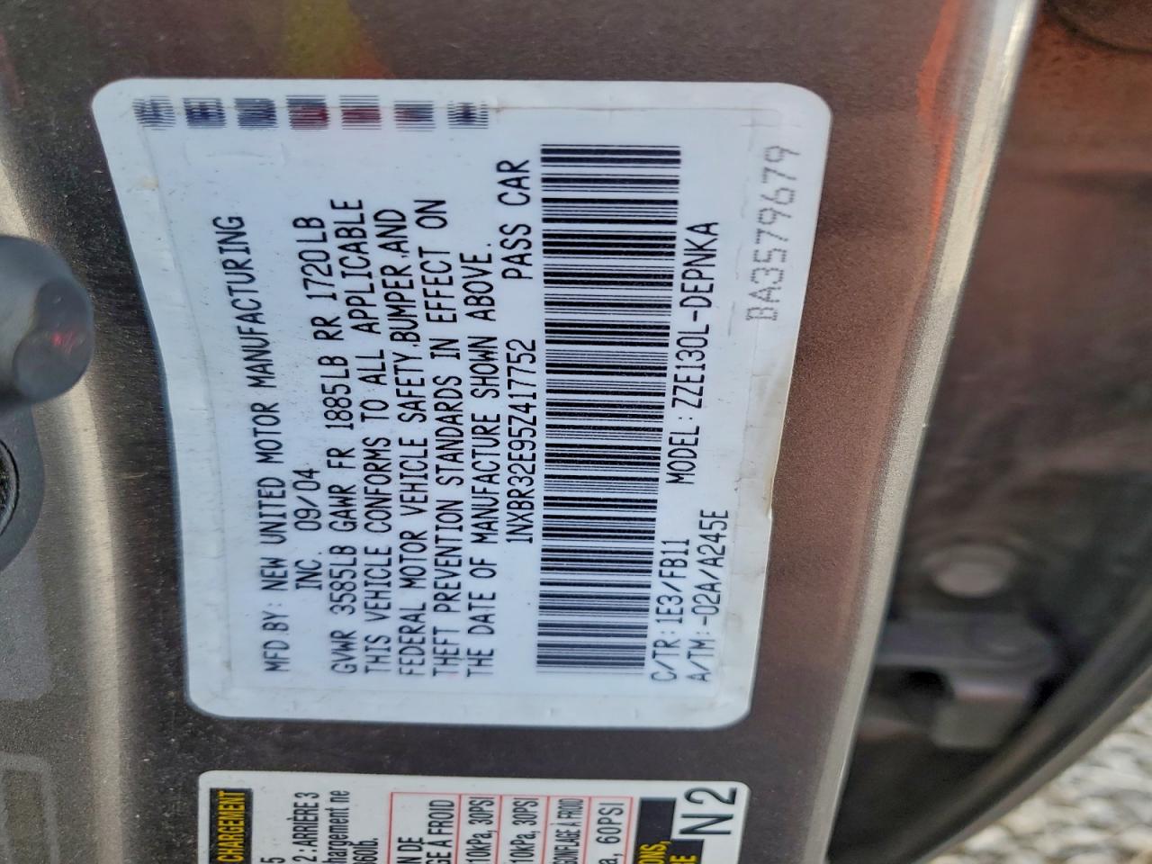 2005 Toyota Corolla Ce VIN: 1NXBR32E95Z417752 Lot: 94047925