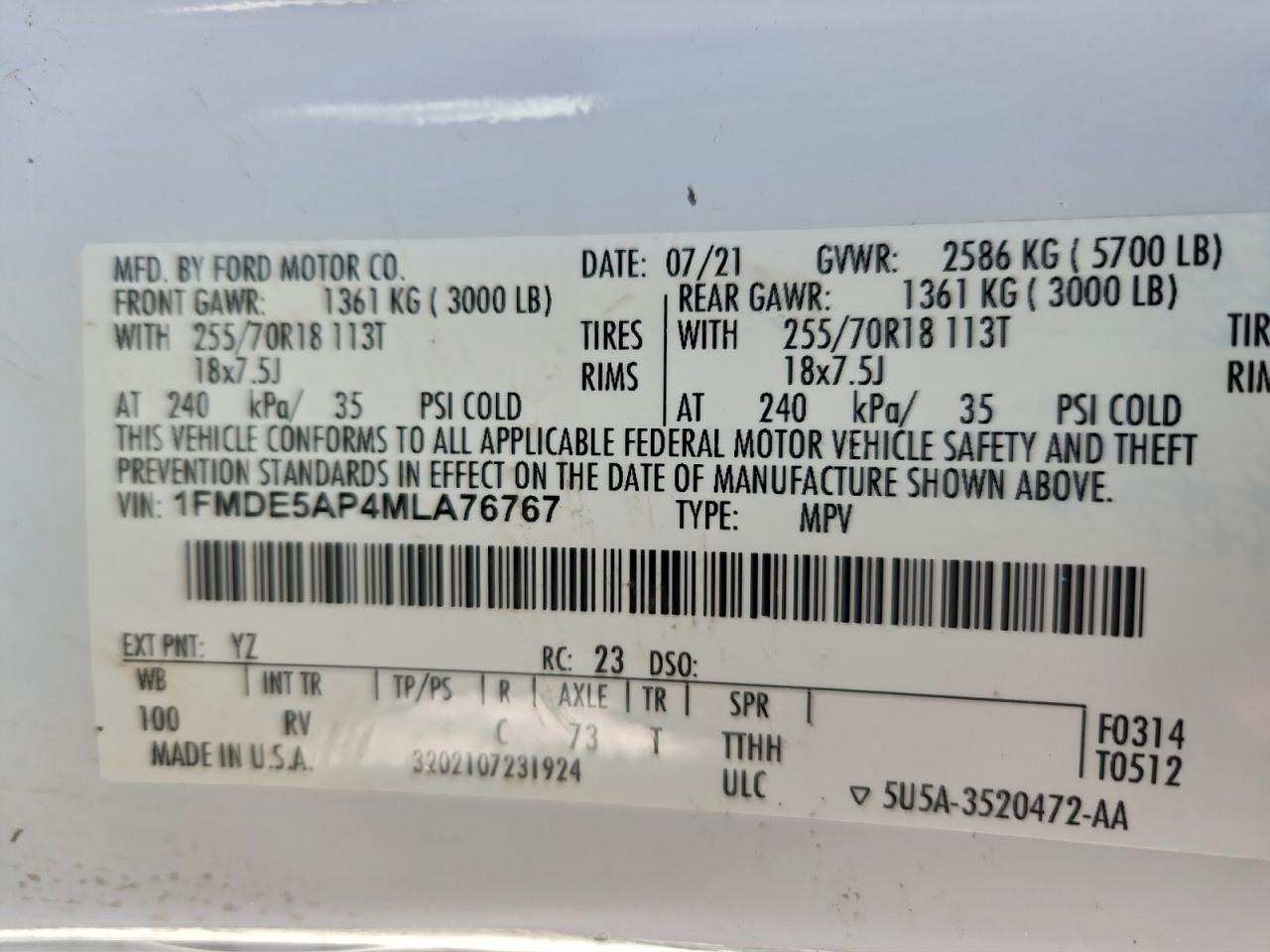 2021 Ford Bronco Base VIN: 1FMDE5AP4MLA76767 Lot: 94745185