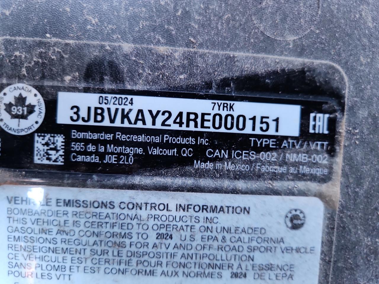 2024 Cam Am Mav - Atv VIN: 3JBVKAY24RE000151 Lot: 90815455
