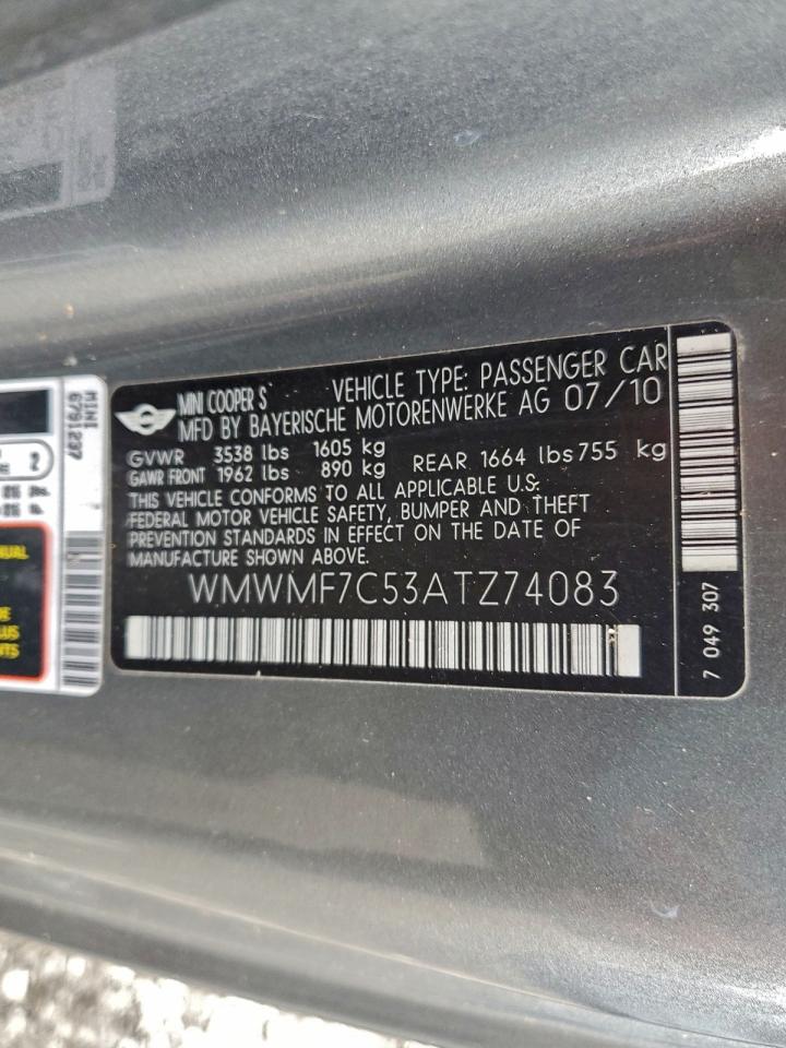 2010 Mini Cooper S VIN: WMWMF7C53ATZ74083 Lot: 94197405