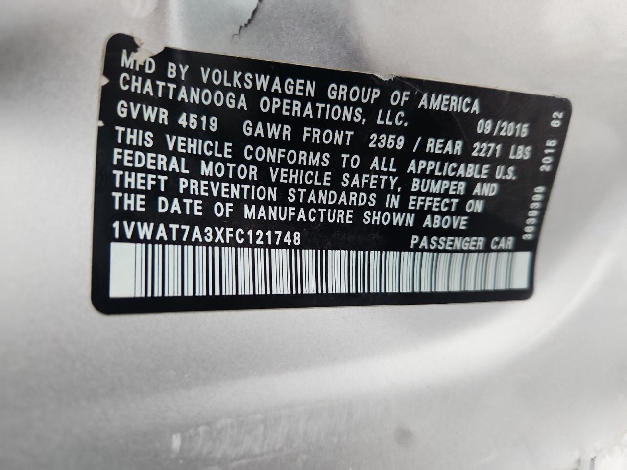 2015 Volkswagen Passat S VIN: 1VWAT7A3XFC121748 Lot: 92414015