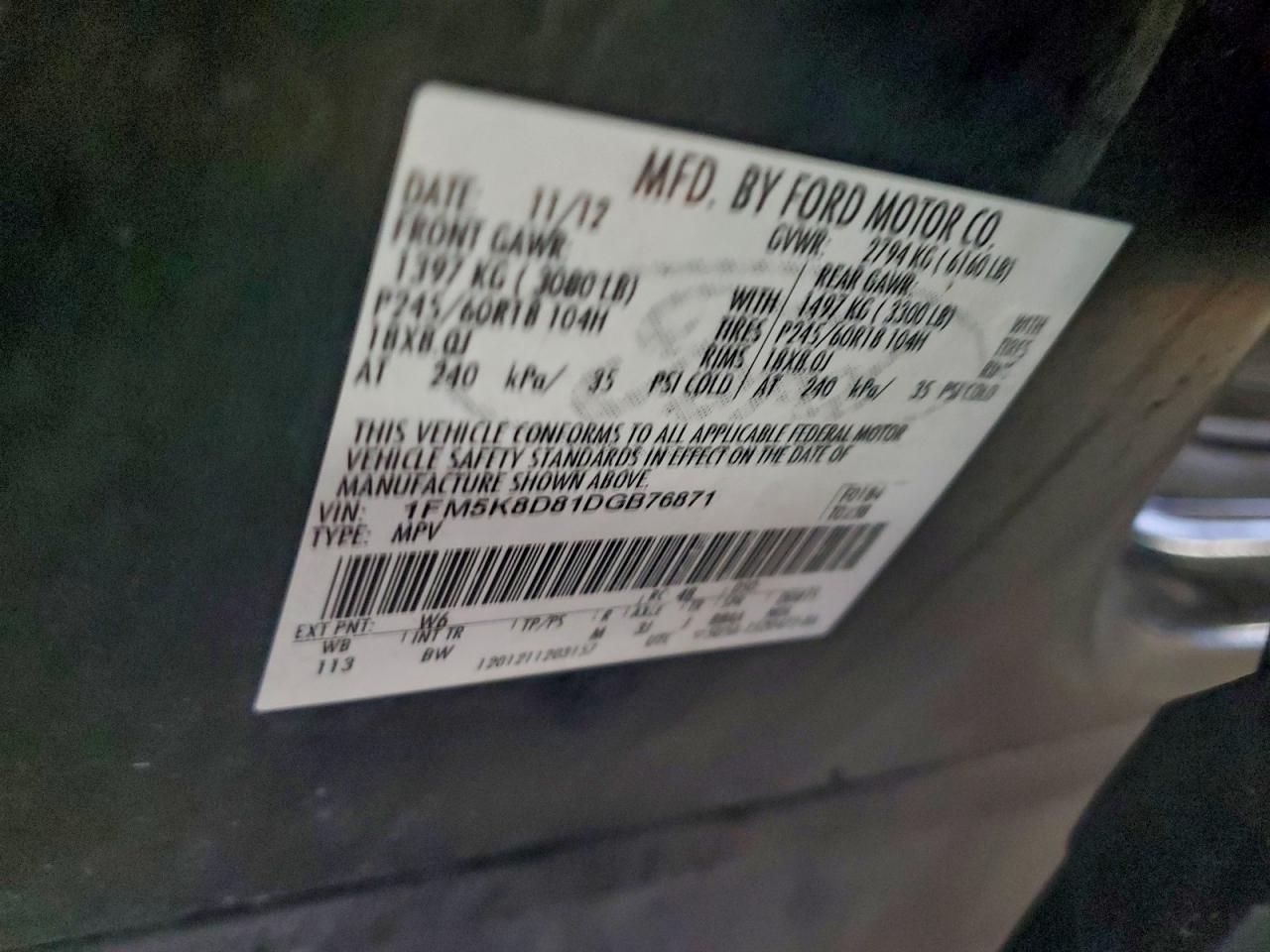 2013 Ford Explorer Xlt VIN: 1FM5K8D81DGB76871 Lot: 94108995