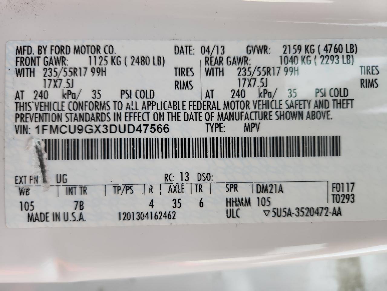 2013 Ford Escape Se VIN: 1FMCU9GX3DUD47566 Lot: 90402605