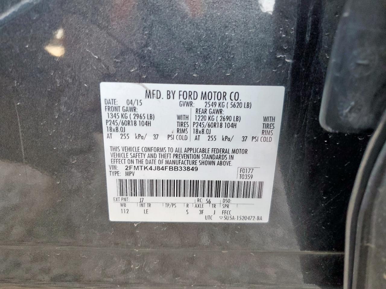 2015 Ford Edge Sel VIN: 2FMTK4J84FBB33849 Lot: 93221825