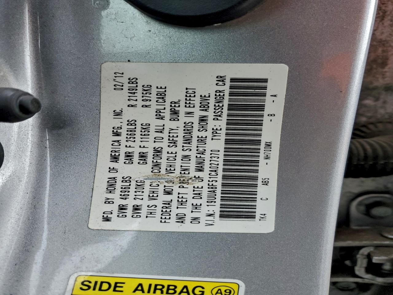 2012 Acura Tl VIN: 19UUA8F51CA027370 Lot: 94124885